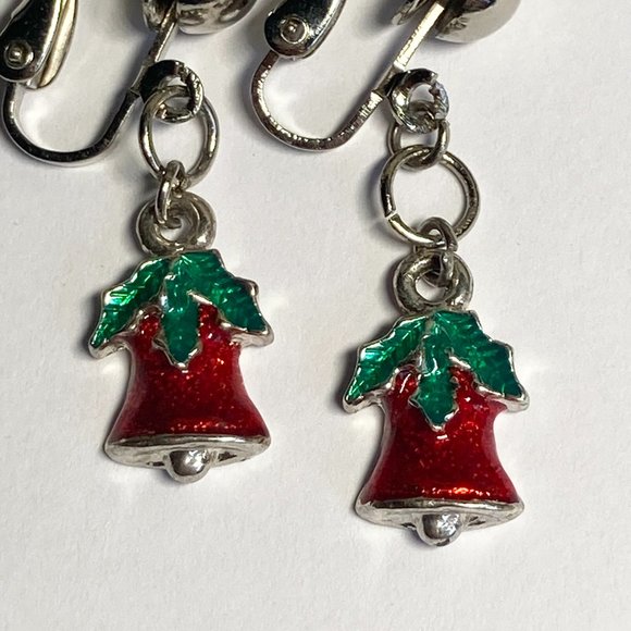 Vintage Christmas Bells Holly Clip On Earrings Red Green Enamel Silver Tone - Picture 2 of 8